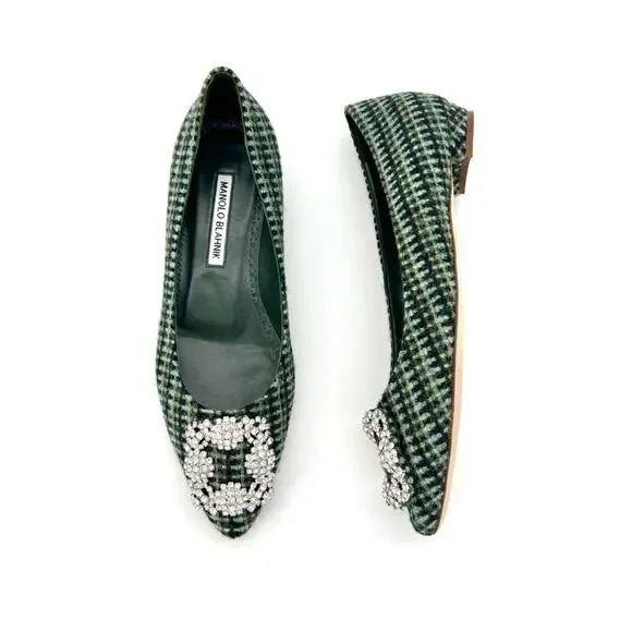 NIB Manolo Blahnik Hangisi Flat Wool Crystal Embellished Pointed Toe Shoes 37 - Picture 2 of 12